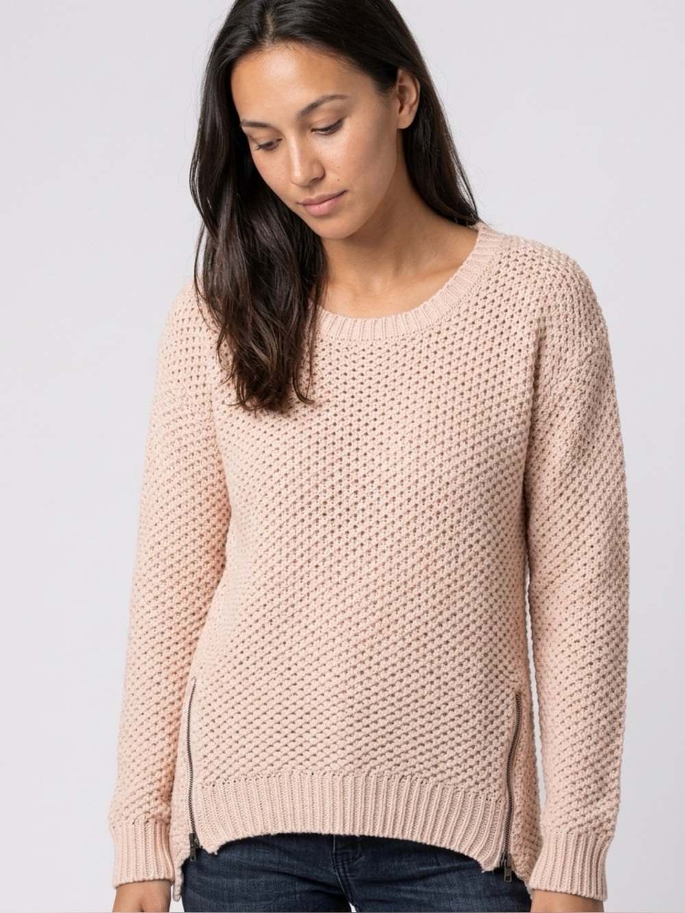 Ardene Chunky Beige/Blush Knit Pullover Sweater with Side Zippers Size Sm. EUC